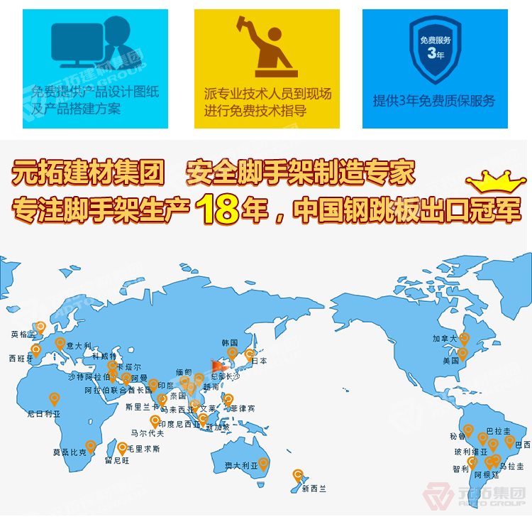 元拓建材集團(tuán)，安全腳手架制造專家！專注腳手架生
產(chǎn)18年，中國(guó)鋼跳板出口冠軍！